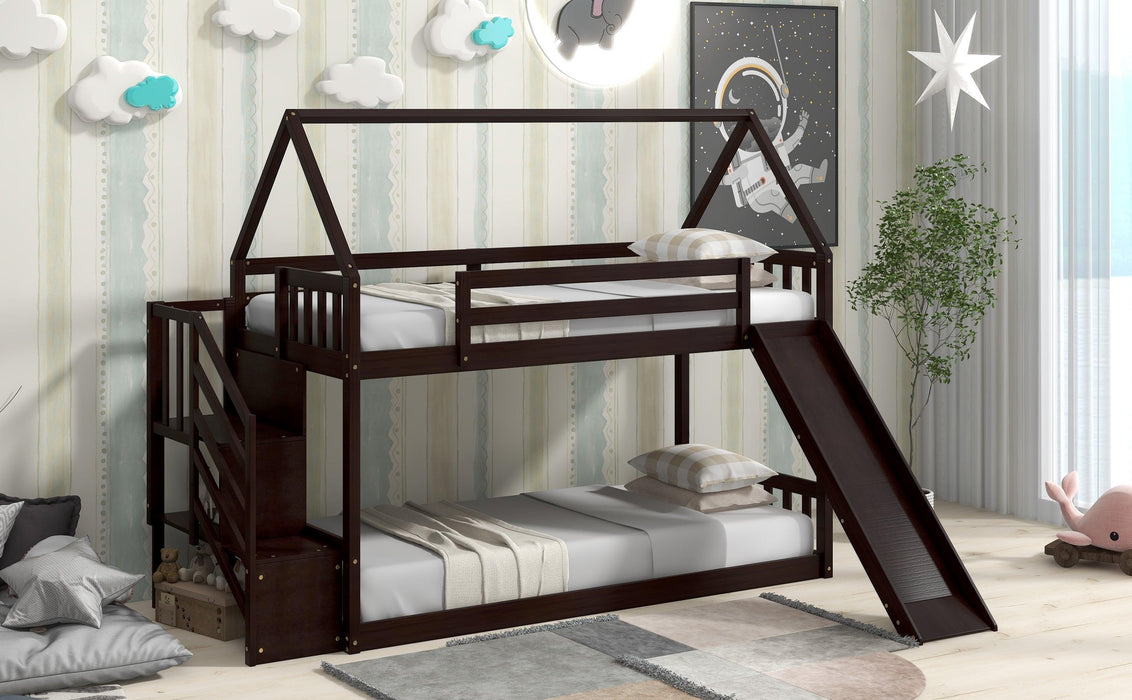 Twin over Twin House Bunk Bed with Slide andStorage Staircase - Espresso