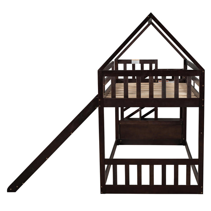 Twin over Twin House Bunk Bed with Slide andStorage Staircase - Espresso