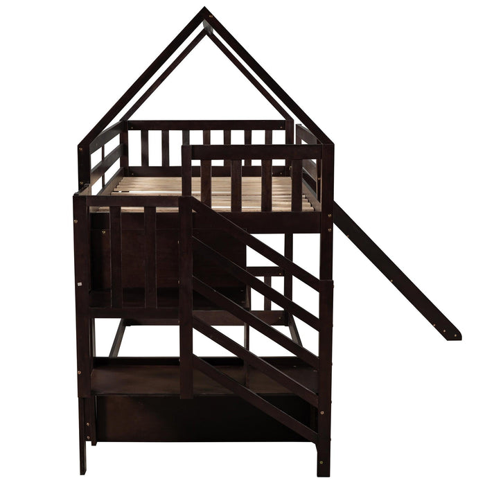 Twin over Twin House Bunk Bed with Slide andStorage Staircase - Espresso