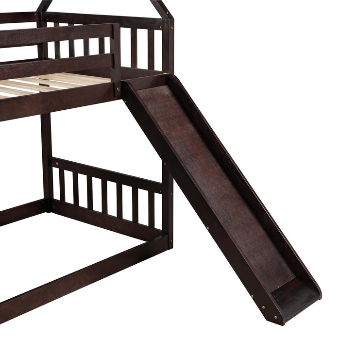 Twin over Twin House Bunk Bed with Slide andStorage Staircase - Espresso