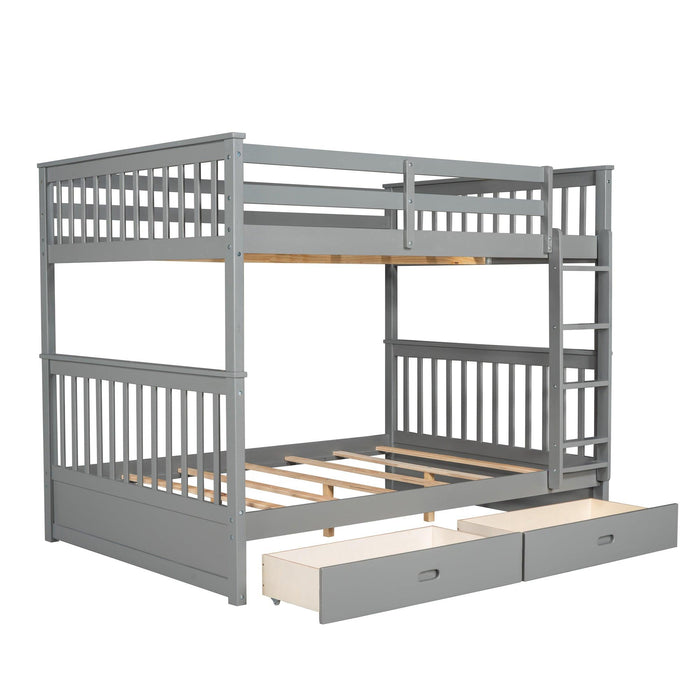 Full over Full Bunk Bed with Ladders and TwoStorage Drawers - Gray