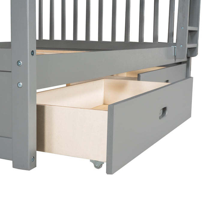 Full over Full Bunk Bed with Ladders and TwoStorage Drawers - Gray