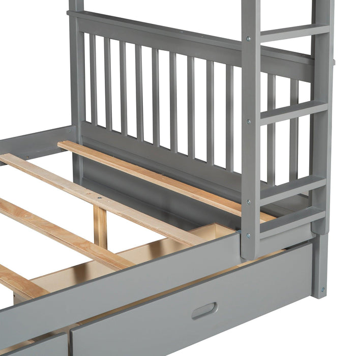 Full over Full Bunk Bed with Ladders and TwoStorage Drawers - Gray