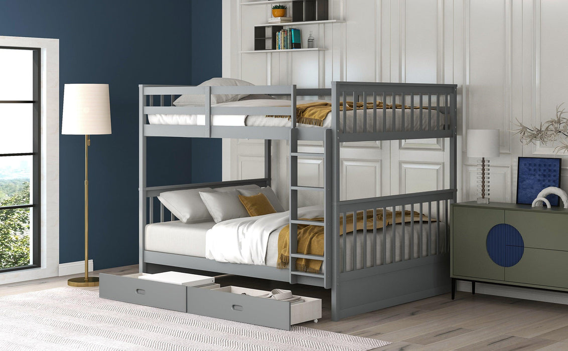 Full over Full Bunk Bed with Ladders and TwoStorage Drawers - Gray