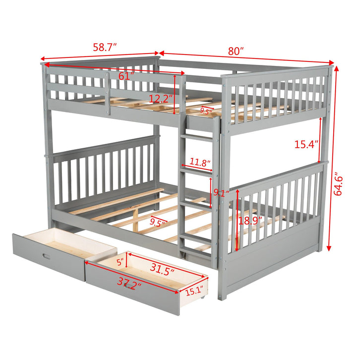 Full over Full Bunk Bed with Ladders and TwoStorage Drawers - Gray