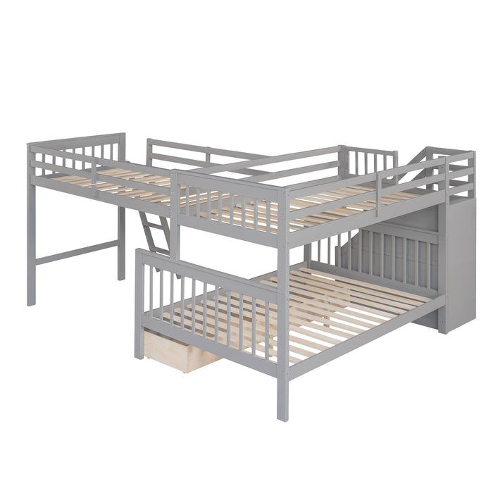 Twin over Full L-Shaped Bunk Bed With 3 Drawers, Ladder and Staircase - Gray