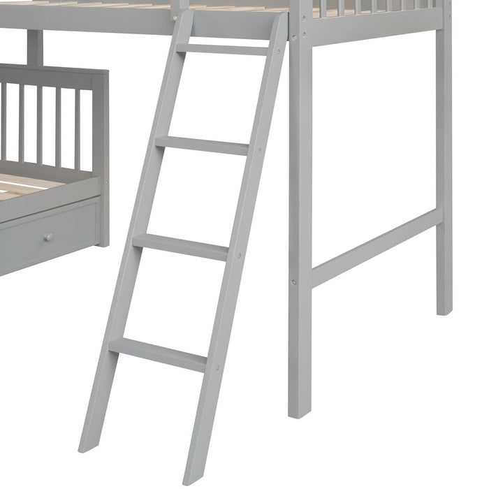 Twin over Full L-Shaped Bunk Bed With 3 Drawers, Ladder and Staircase - Gray