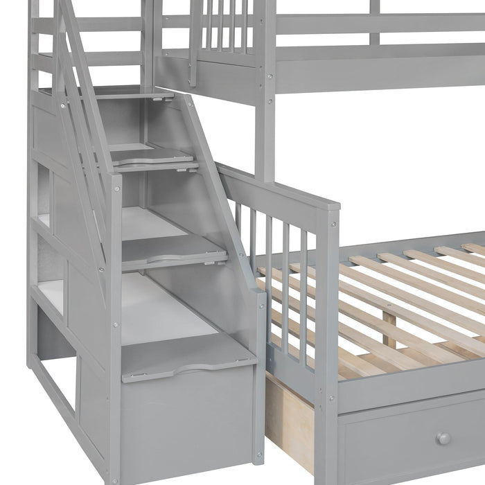 Twin over Full L-Shaped Bunk Bed With 3 Drawers, Ladder and Staircase - Gray