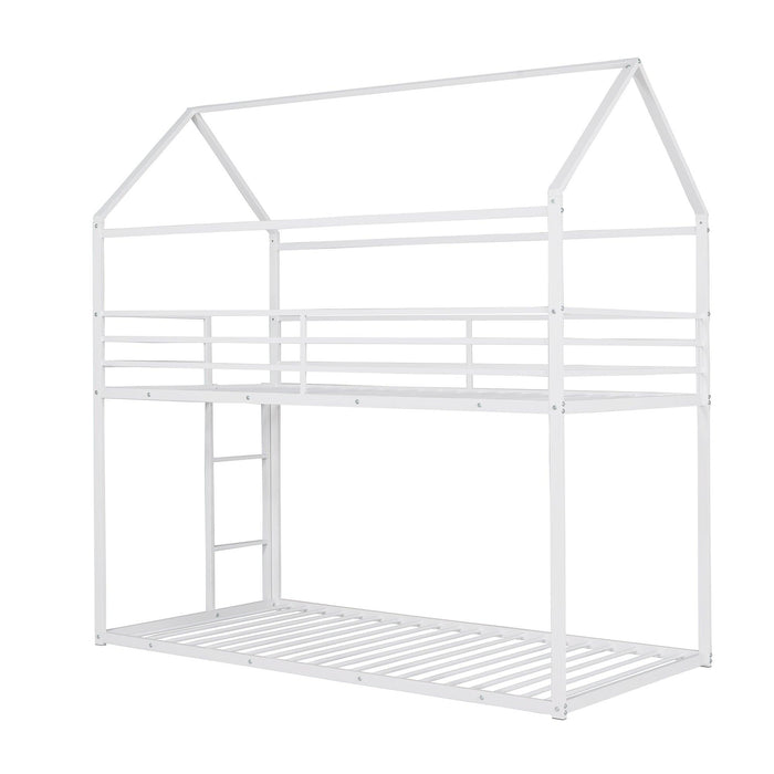 Twin over Twin Metal House Shaped Bunk Beds with Built-in Ladder - White