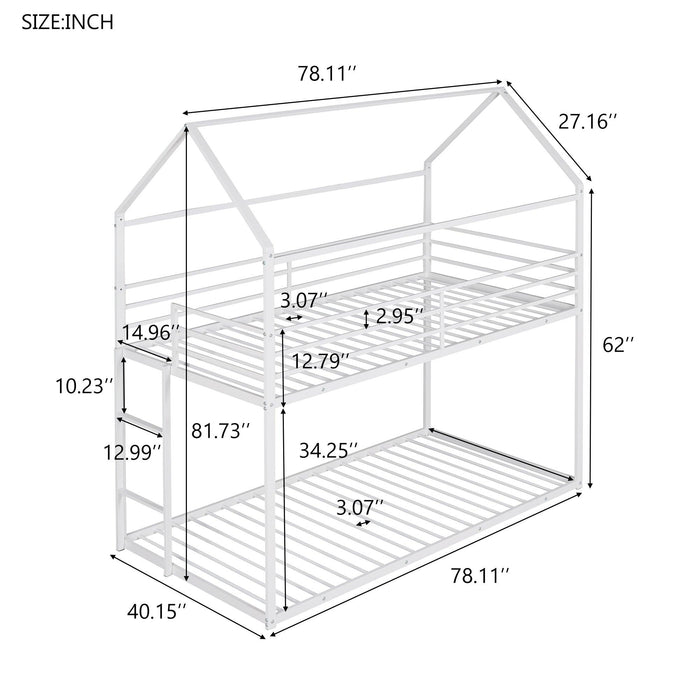 Twin over Twin Metal House Shaped Bunk Beds with Built-in Ladder - White