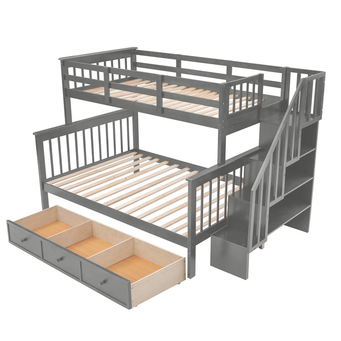 Twin Over Full Bunk Bed with Drawer andStorage Staircase - Gray