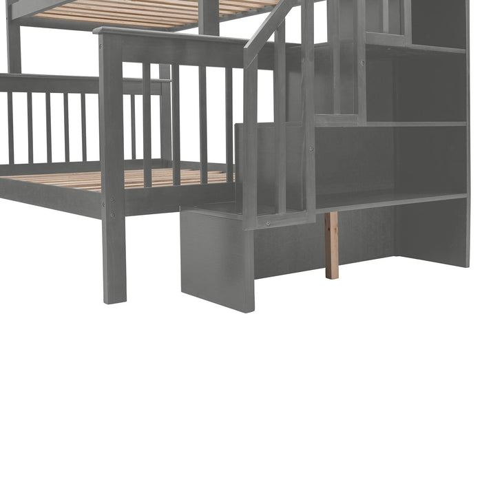 Twin Over Full Bunk Bed with Drawer andStorage Staircase - Gray