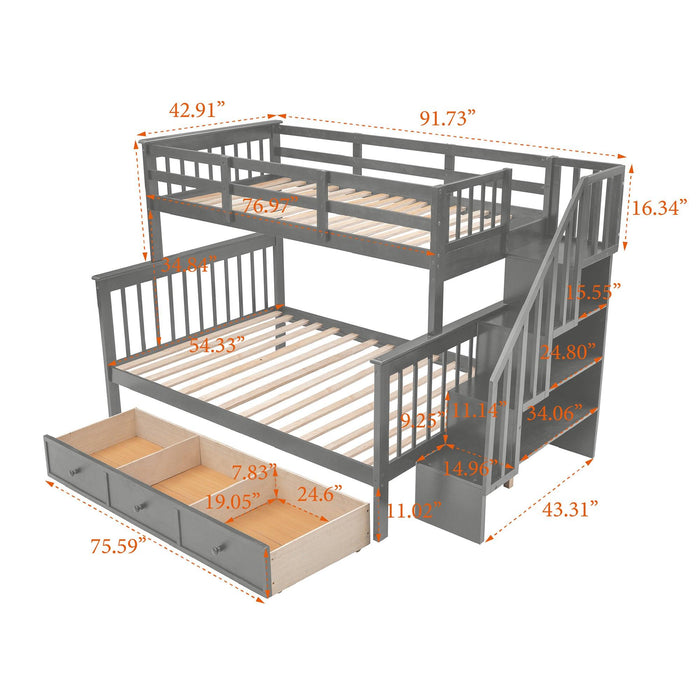 Twin Over Full Bunk Bed with Drawer andStorage Staircase - Gray