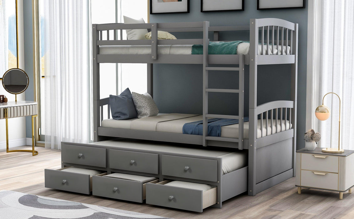 Twin over Twin Bunk Bed with Ladder, Safety Rail, and Twin Trundle Bed with 3 Drawers - Gray