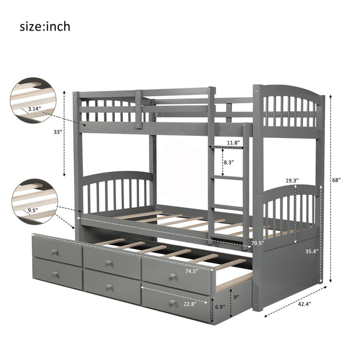 Twin over Twin Bunk Bed with Ladder, Safety Rail, and Twin Trundle Bed with 3 Drawers - Gray