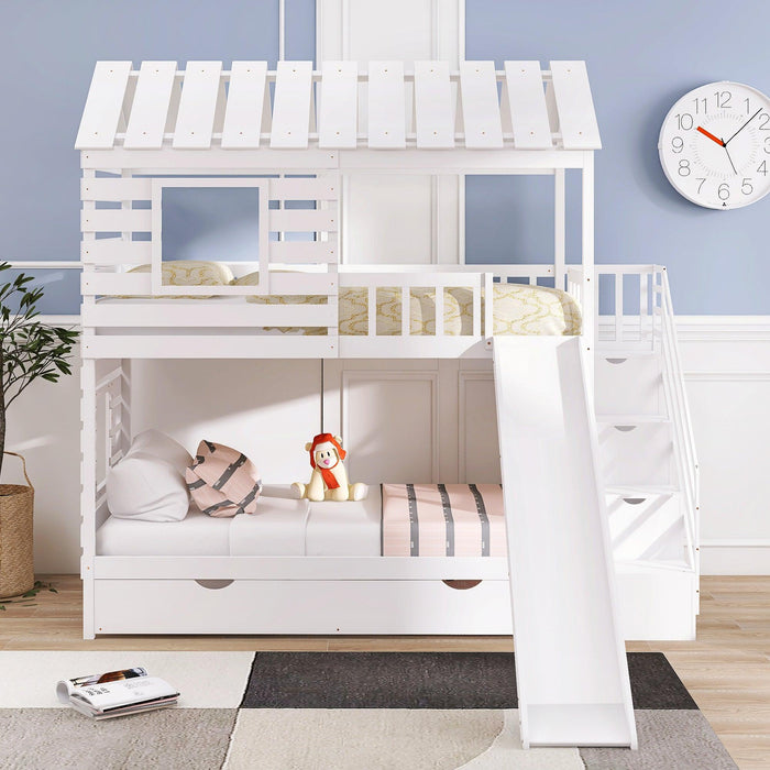 Twin over Twin House Shaped Bunk Bed with Twin Size Trundle, Slide,Storage Staircase - White