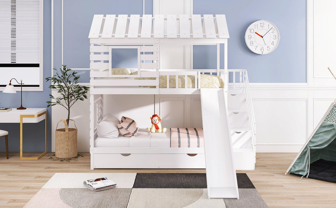 Twin over Twin House Shaped Bunk Bed with Twin Size Trundle, Slide,Storage Staircase - White