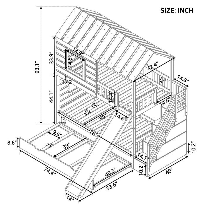 Twin over Twin House Shaped Bunk Bed with Twin Size Trundle, Slide,Storage Staircase - White