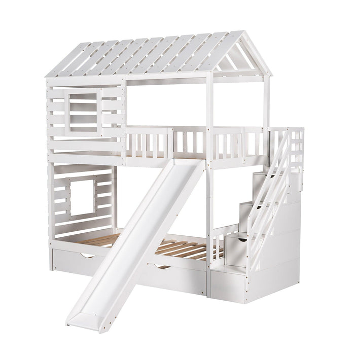 Twin over Twin House Shaped Bunk Bed with Twin Size Trundle, Slide,Storage Staircase - White