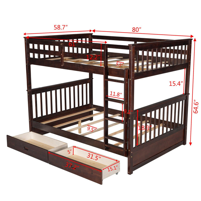 Full over Full Bunk Bed with Ladders and TwoStorage Drawers - Espresso