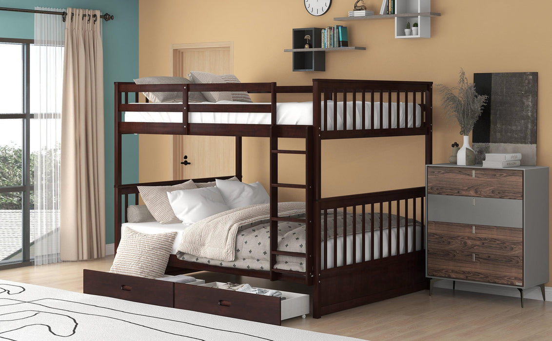 Full over Full Bunk Bed with Ladders and TwoStorage Drawers - Espresso