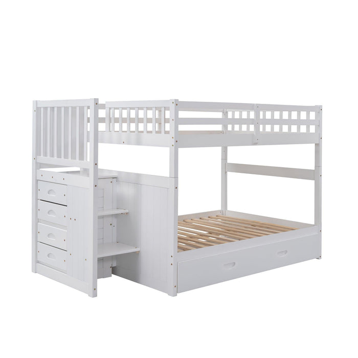 Full over Full Convertible Bunk Bed with Twin Size Trundle and Staircase Drawers - White