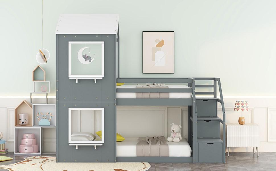 Twin over Twin House Shaped Bunk Bed withStorage Stairs, Guardrail and Ladder - Gray and White