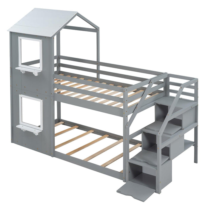 Twin over Twin House Shaped Bunk Bed withStorage Stairs, Guardrail and Ladder - Gray and White