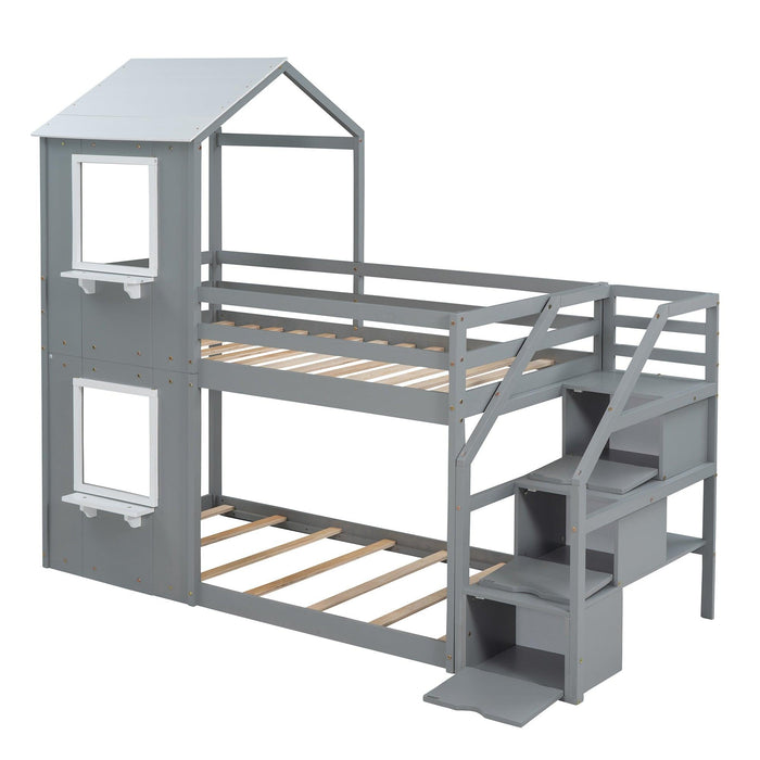 Twin over Twin House Shaped Bunk Bed withStorage Stairs, Guardrail and Ladder - Gray and White