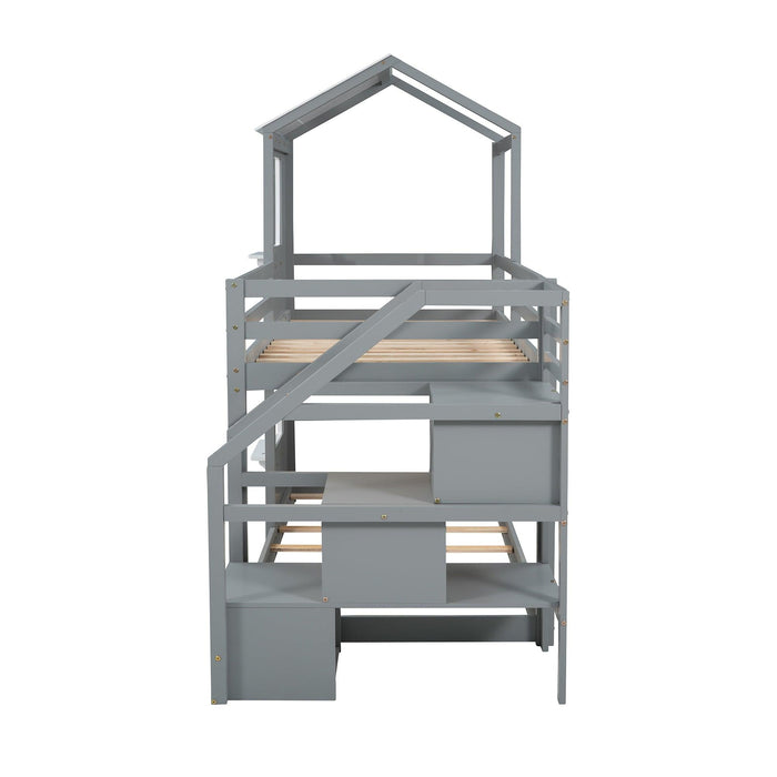 Twin over Twin House Shaped Bunk Bed withStorage Stairs, Guardrail and Ladder - Gray and White