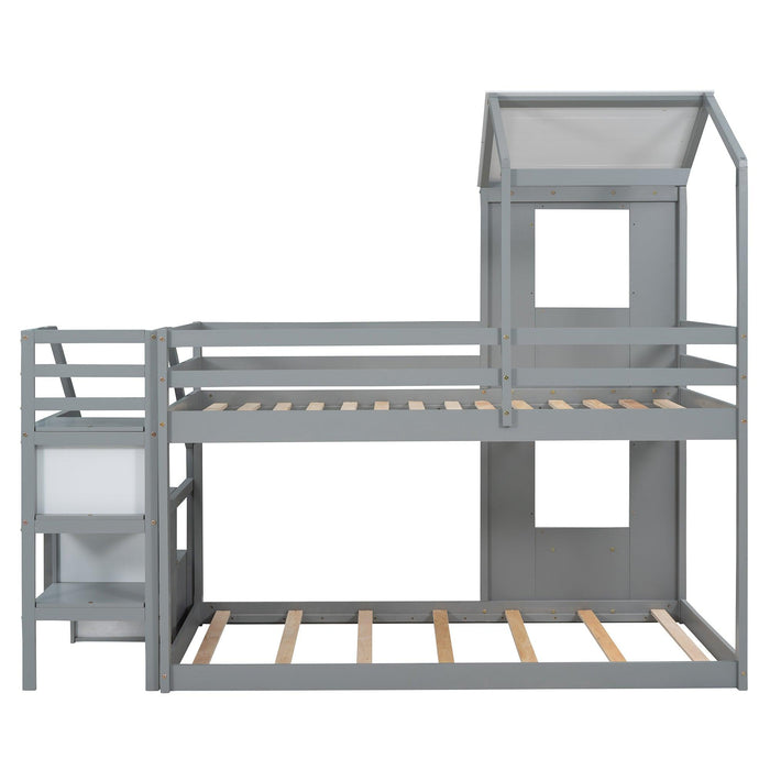 Twin over Twin House Shaped Bunk Bed withStorage Stairs, Guardrail and Ladder - Gray and White