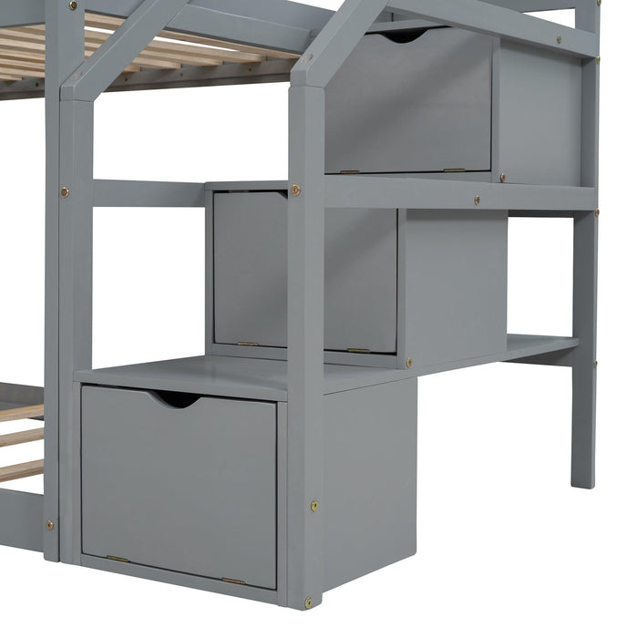 Twin over Twin House Shaped Bunk Bed withStorage Stairs, Guardrail and Ladder - Gray and White