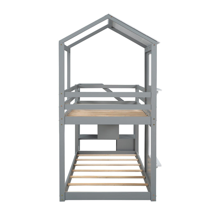 Twin over Twin House Shaped Bunk Bed withStorage Stairs, Guardrail and Ladder - Gray and White