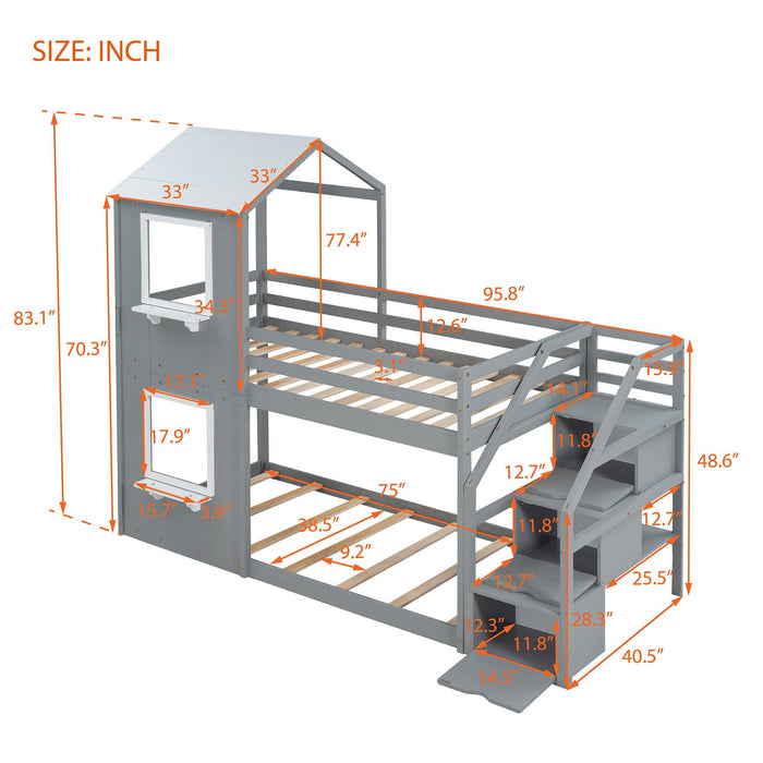 Twin over Twin House Shaped Bunk Bed withStorage Stairs, Guardrail and Ladder - Gray and White