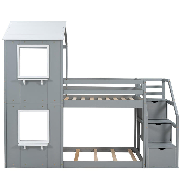 Twin over Twin House Shaped Bunk Bed withStorage Stairs, Guardrail and Ladder - Gray and White