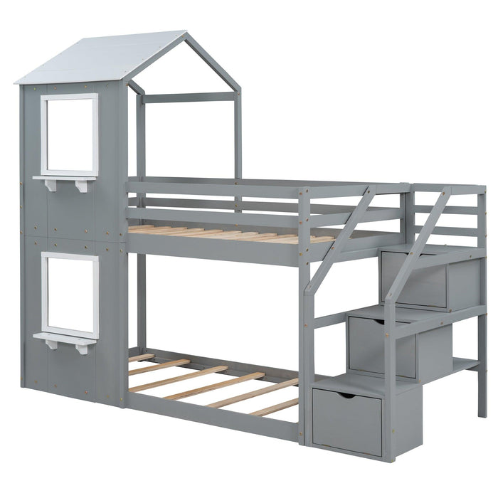 Twin over Twin House Shaped Bunk Bed withStorage Stairs, Guardrail and Ladder - Gray and White