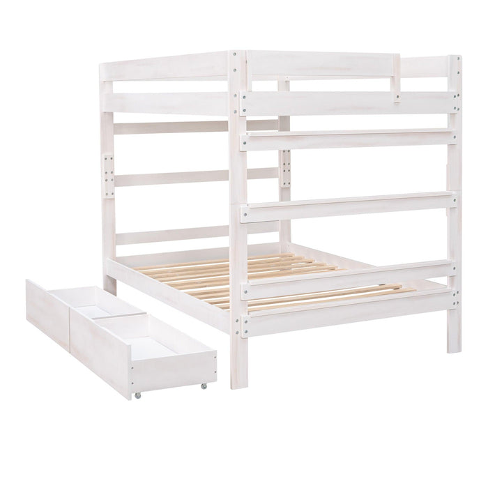 Full over Full Wood Bunk Bed with 2 Drawers - White