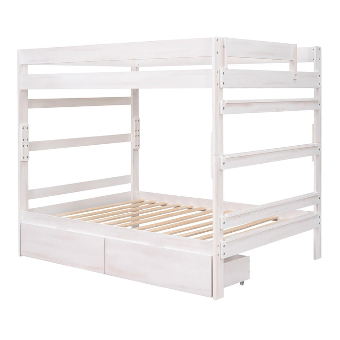 Full over Full Wood Bunk Bed with 2 Drawers - White