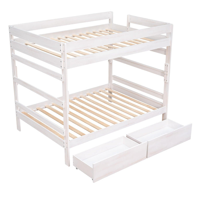 Full over Full Wood Bunk Bed with 2 Drawers - White