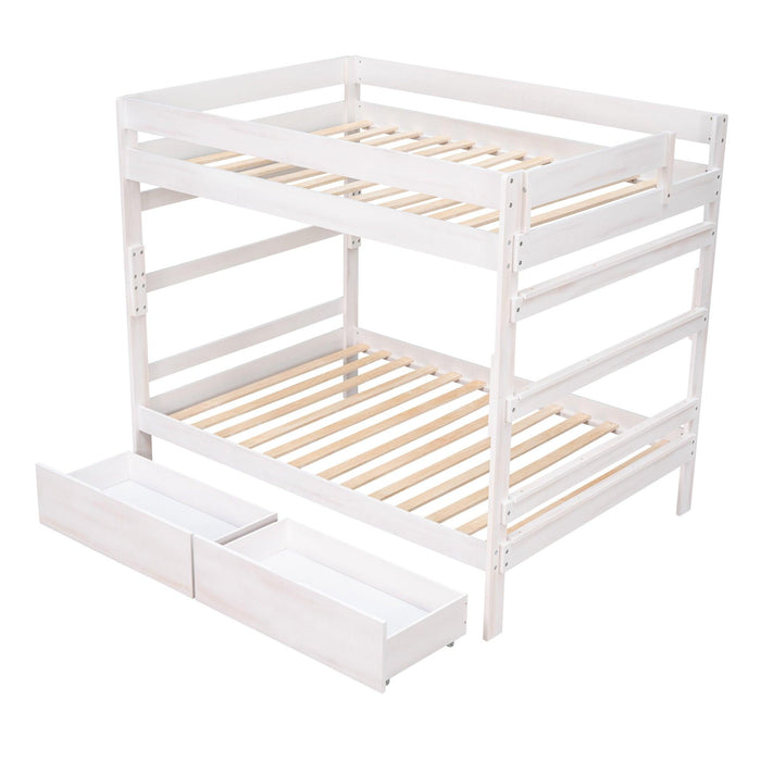 Full over Full Wood Bunk Bed with 2 Drawers - White