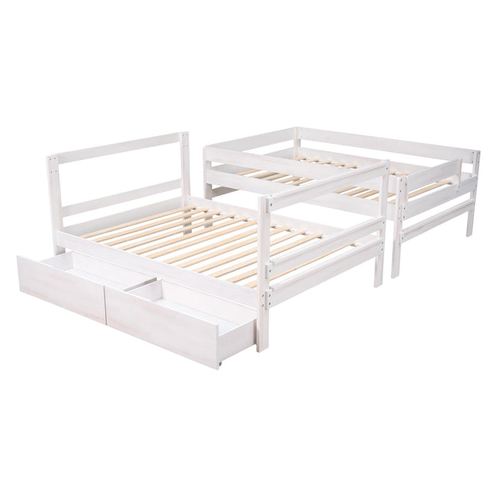 Full over Full Wood Bunk Bed with 2 Drawers - White