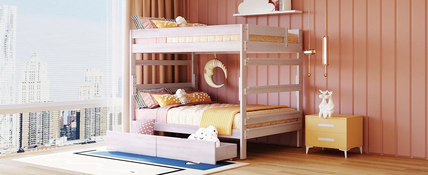 Full over Full Wood Bunk Bed with 2 Drawers - White