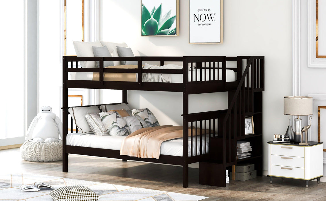 Full over Full Bunk Bed withStorage Staircase and Guard Rail - Espresso