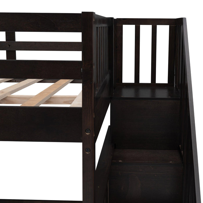 Full over Full Bunk Bed withStorage Staircase and Guard Rail - Espresso