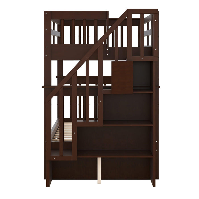 Twin Over Twin Bunk Bed withStorage Staircase and Guard Rail - Espresso color