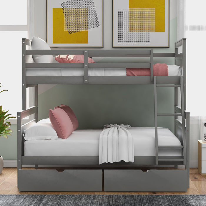 Twin over Full Bunk Bed with Ladder, TwoStorage Drawers and Safety Guardrail - Gray