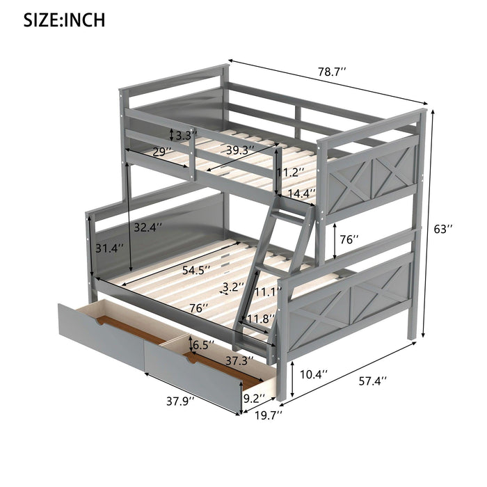 Twin over Full Bunk Bed with Ladder, TwoStorage Drawers and Safety Guardrail - Gray