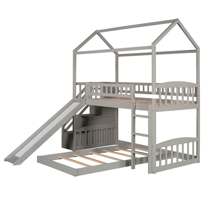 Twin Over Twin House Shaped Bunk Bed with Staircase Drawers and Slide - White