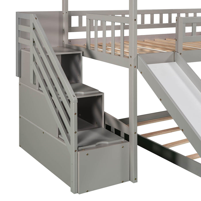 Twin Over Twin House Shaped Bunk Bed with Staircase Drawers and Slide - White