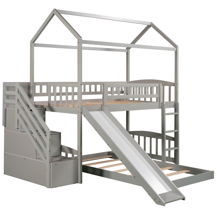 Twin Over Twin House Shaped Bunk Bed with Staircase Drawers and Slide - White